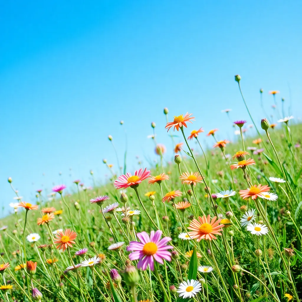 A field of colorful wildflowers under a blue sky