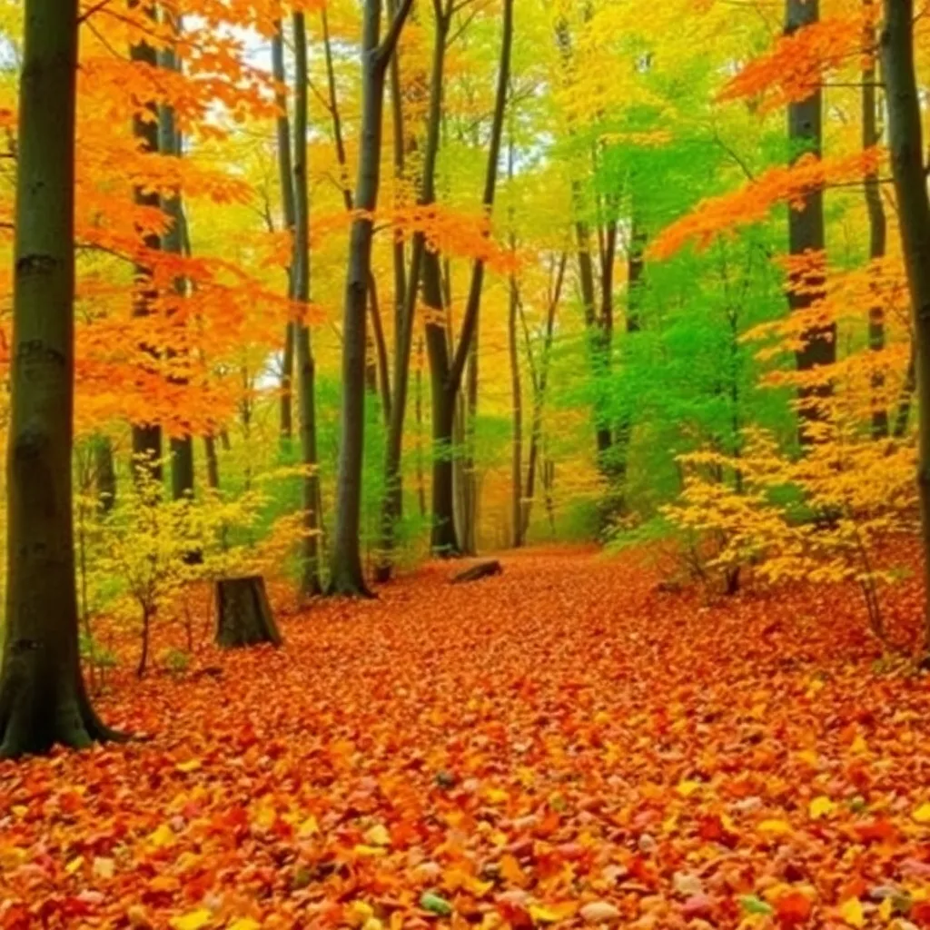 A colorful autumn forest with fallen leaves