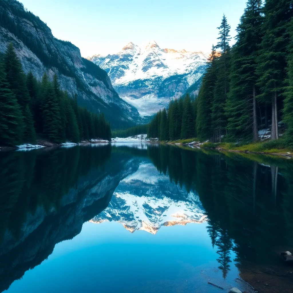 A serene mountain lake reflecting snow-capped peaks