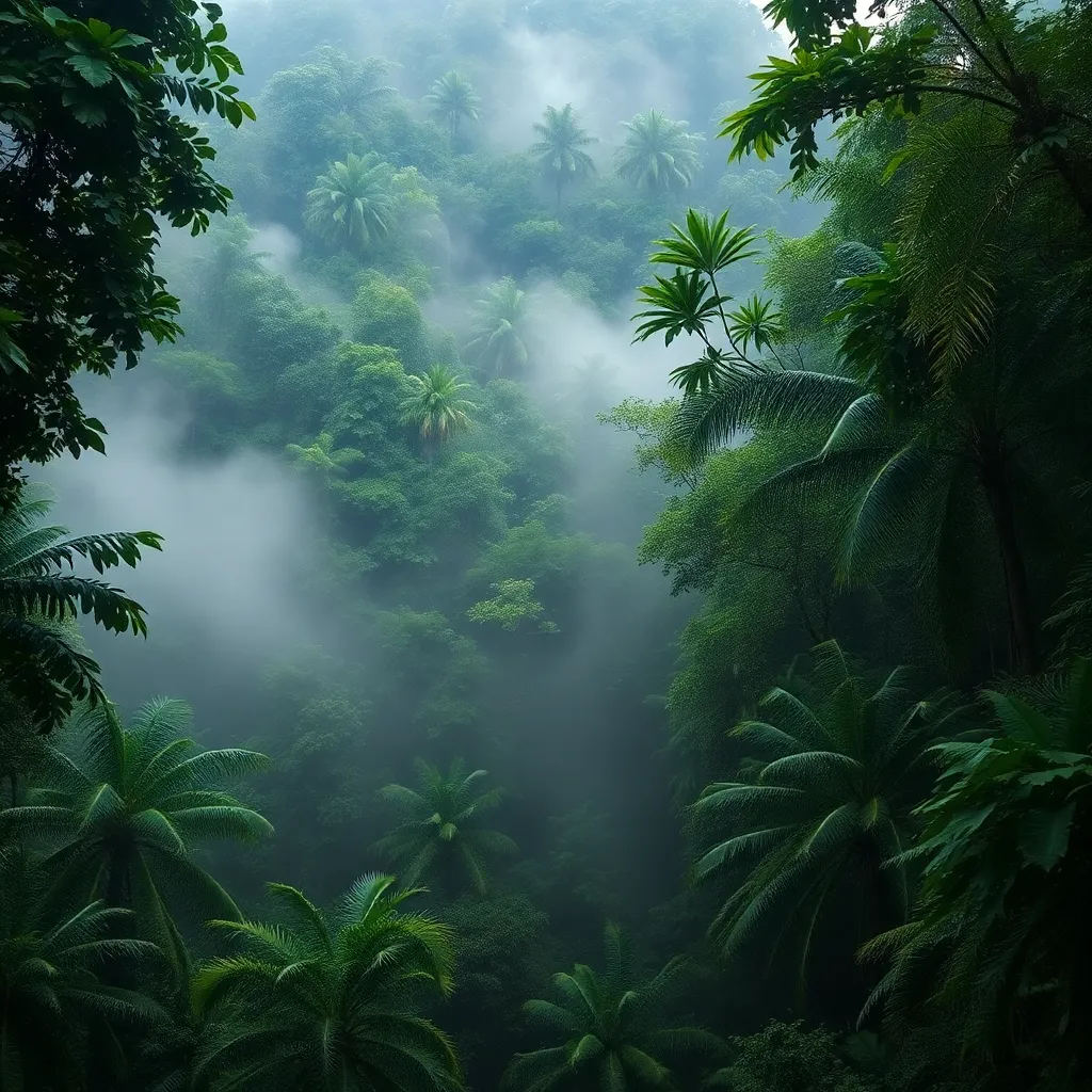 A misty forest with lush greenery