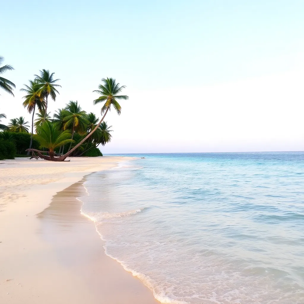 A tropical beach with palm trees and turquoise water