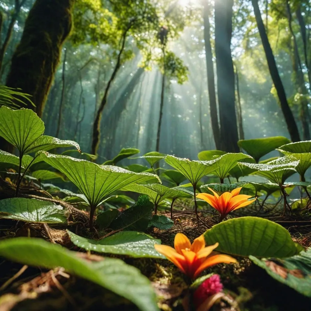 A beautiful waterfall surrounded by lush greenery and colorful flowers