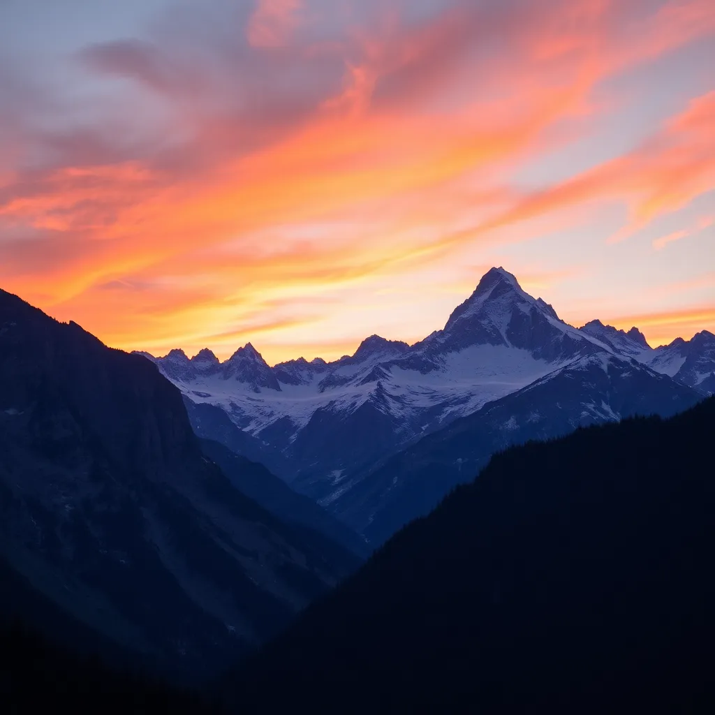 A dramatic sunset over a snow-capped mountain