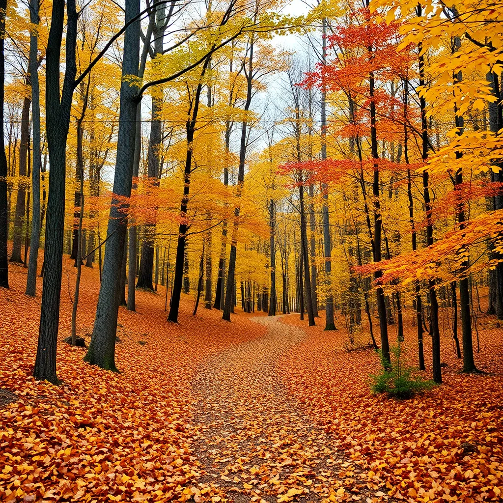 A picturesque path through a forest ablaze with vibrant autumn foliage.