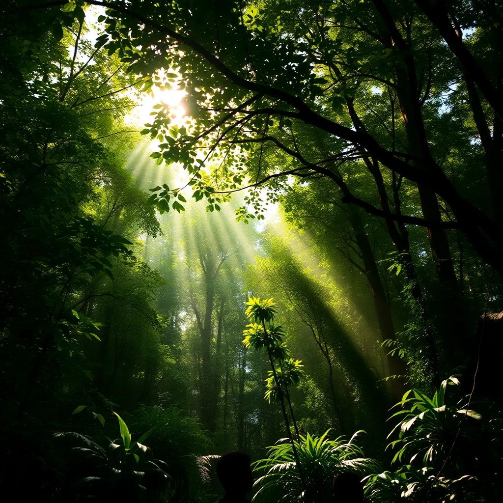 Sunlight filtering through a dense forest, creating a magical, dappled light.