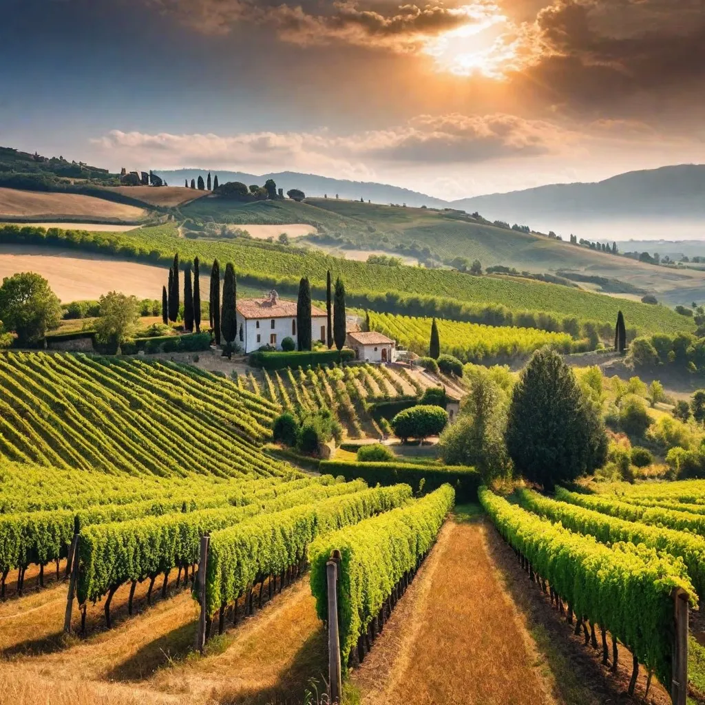 A picturesque Tuscan vineyard with rolling hills and a villa