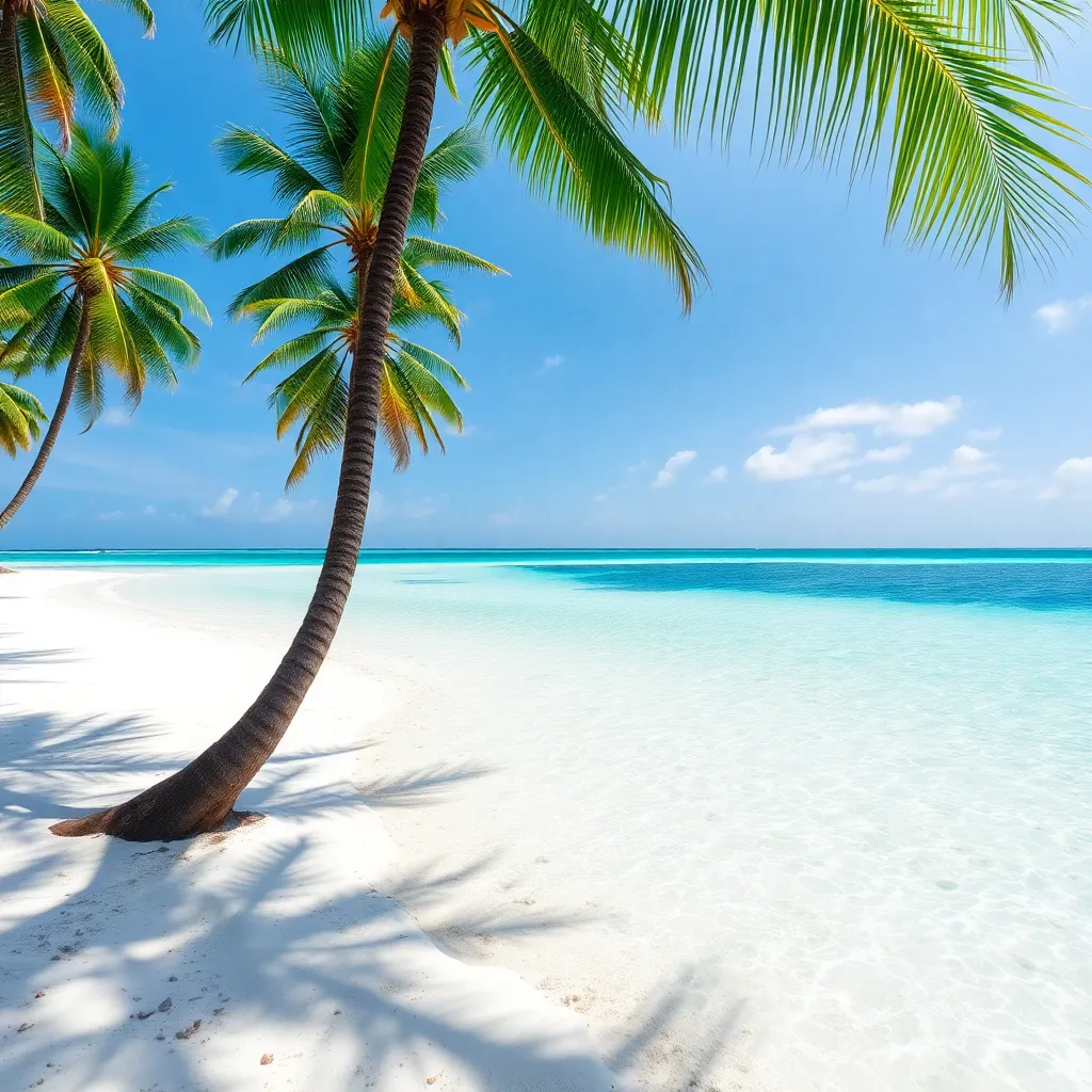 A palm tree leaning over a pristine, white sand beach with crystal-clear turquoise water.