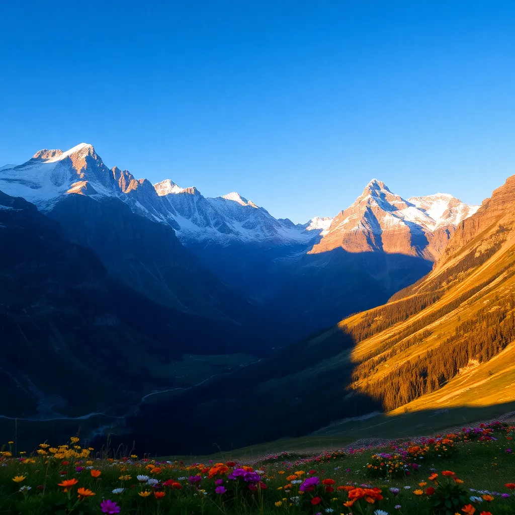 A majestic mountain range with snow-capped peaks against a clear blue sky.