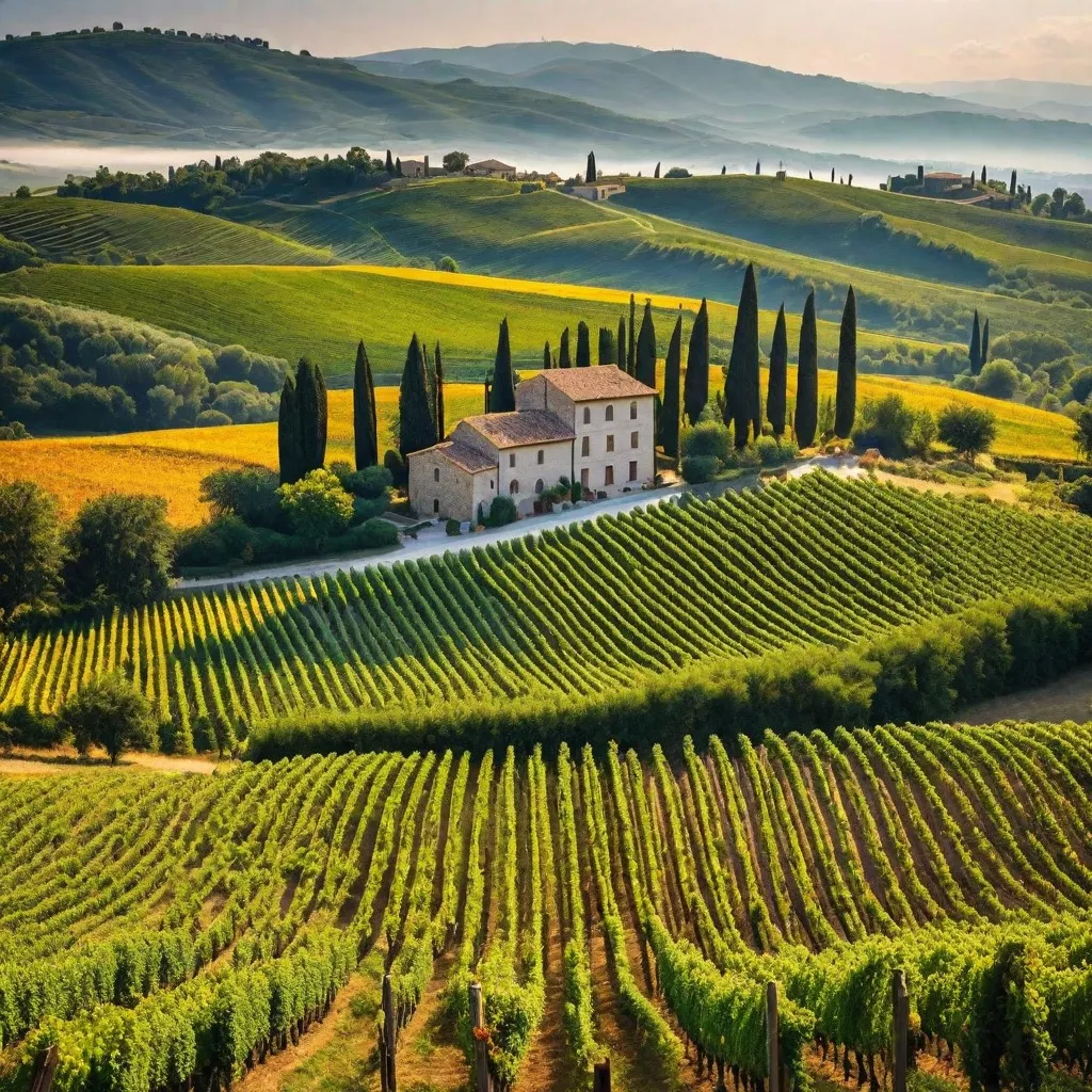 A picturesque Tuscan vineyard with rolling hills and a villa