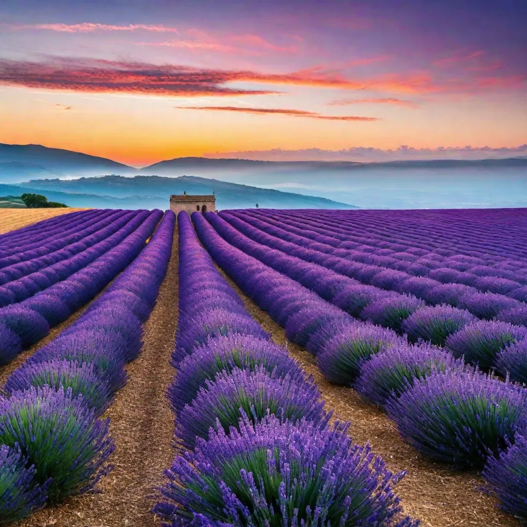 A field of lavender blooming under a colorful sunset sky