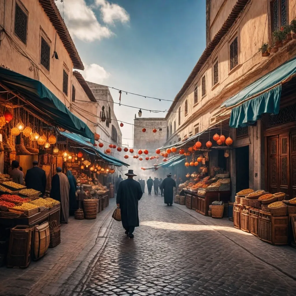 A bustling street market with colorful stalls and vendors