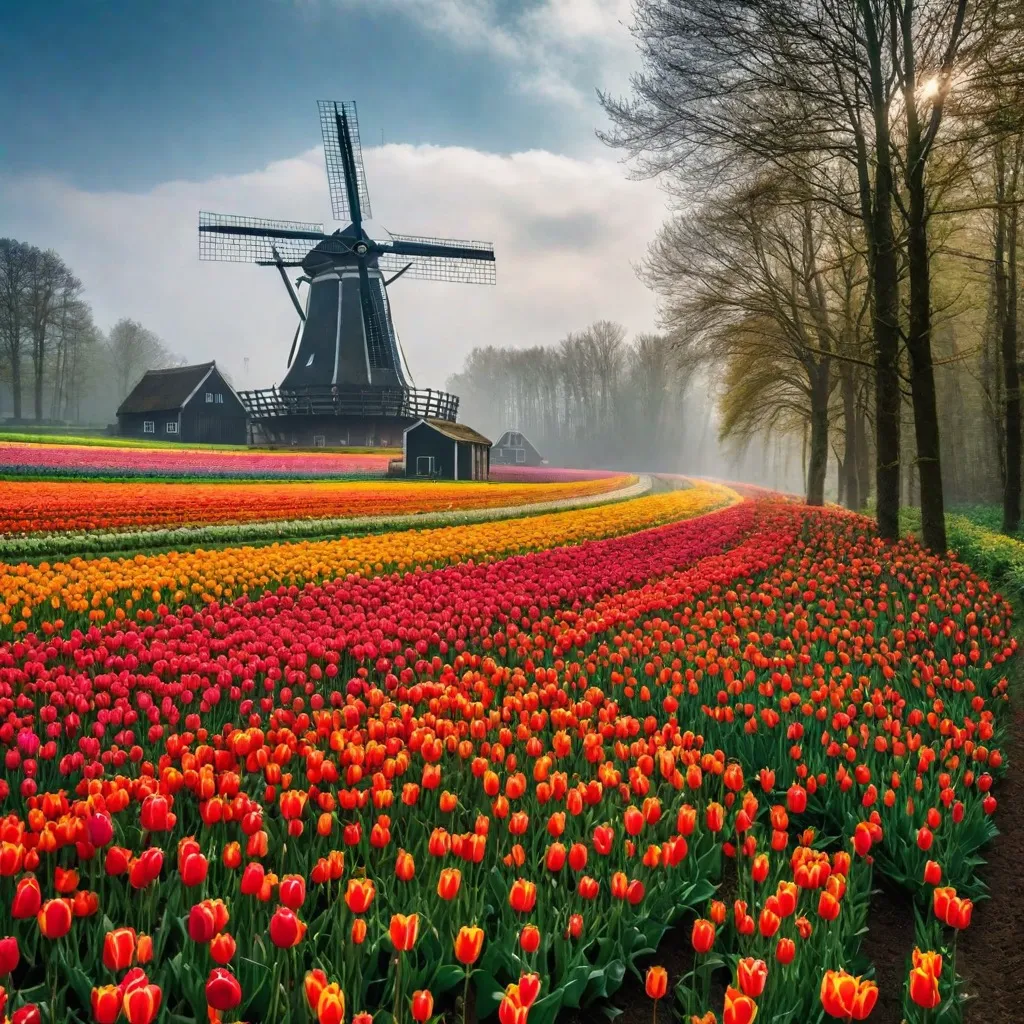 A traditional Dutch windmill overlooking a field of colorful tulips