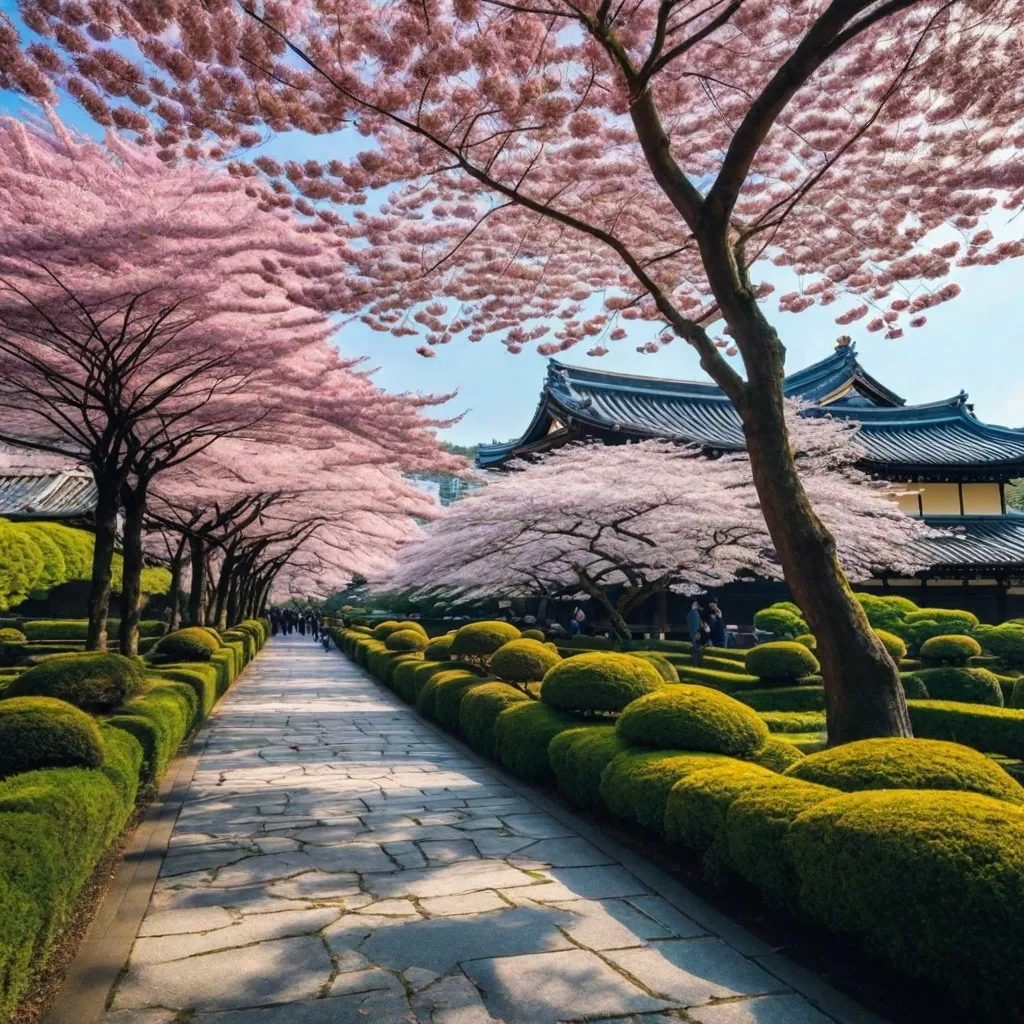 A path lined with blooming cherry blossom trees