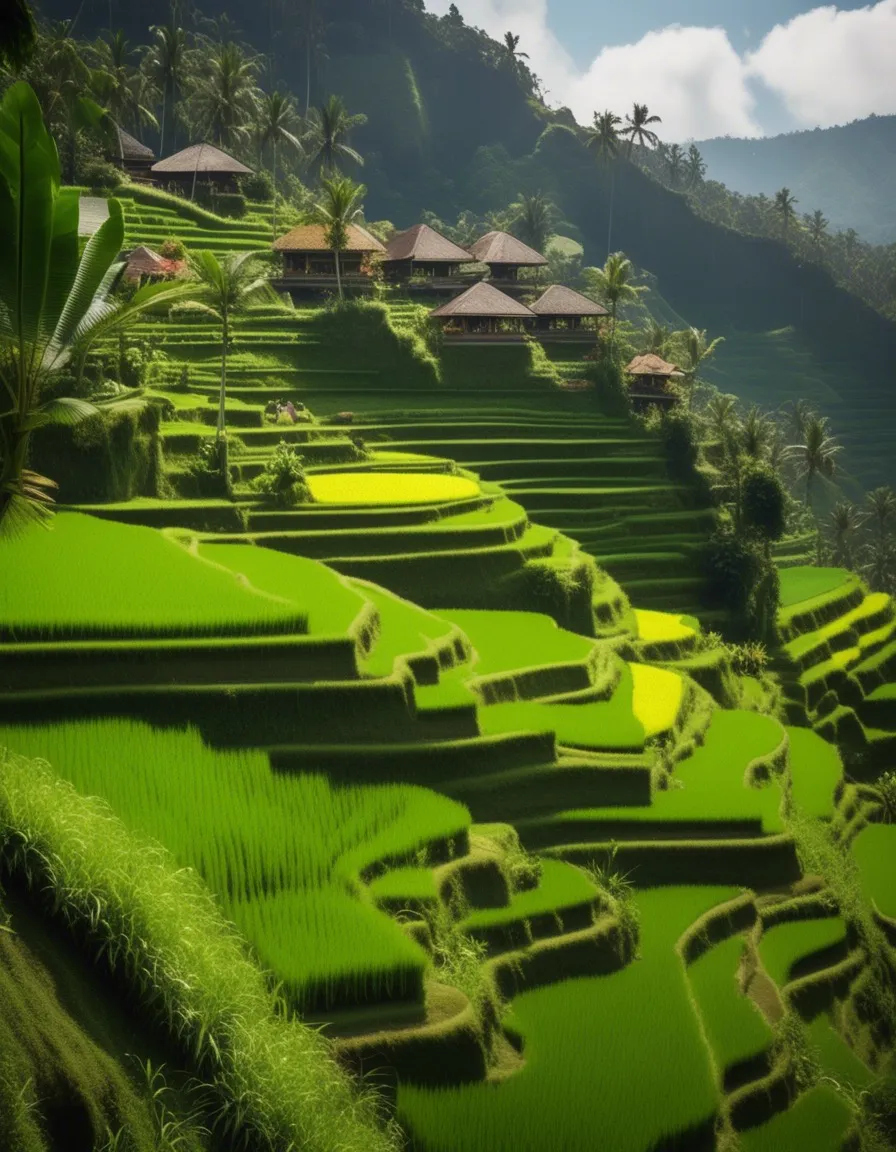 Lush green rice terraces cascading down a hillside