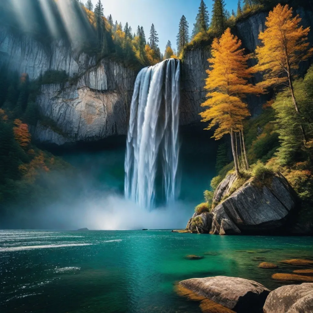 A cascading waterfall surrounded by autumn foliage