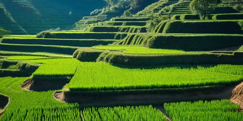 Lush green rice terraces cascading down a hillside