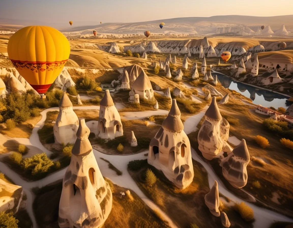 Colorful hot air balloons floating over the fairy chimneys of Cappadocia