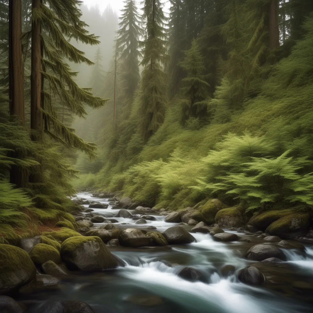 A mossy forest stream flowing through lush greenery