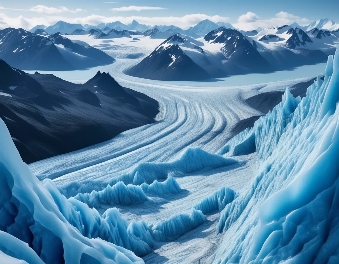 A breathtaking aerial view of a vast, icy glacier winding through a mountainous landscape.