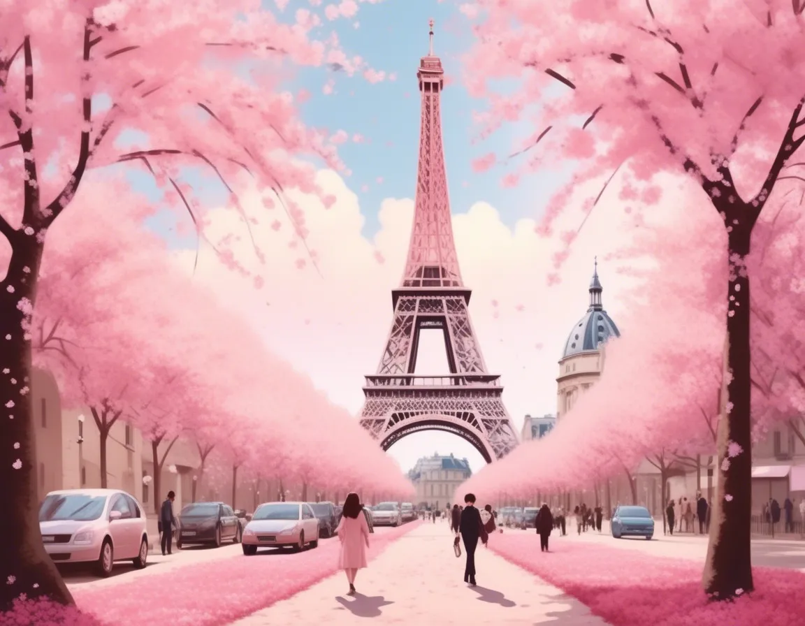 The Eiffel Tower with a pink flamingo in the foreground