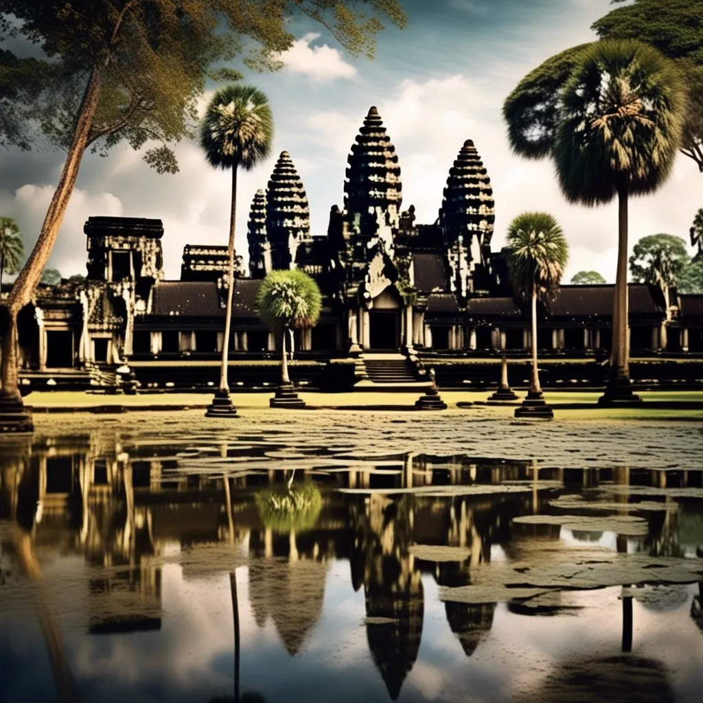 Angkor Wat temple in Cambodia with a reflective pool