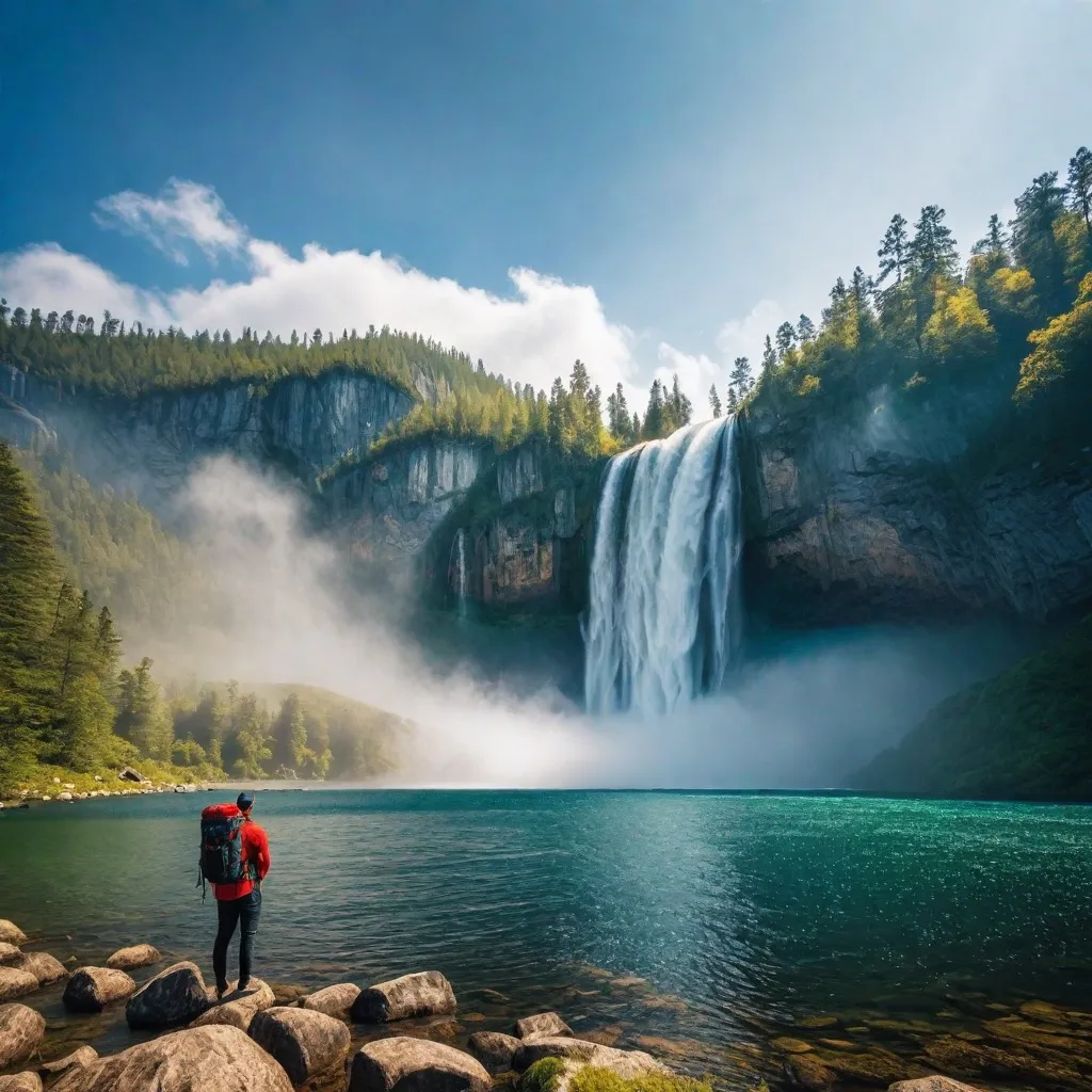 A person admiring a majestic waterfall