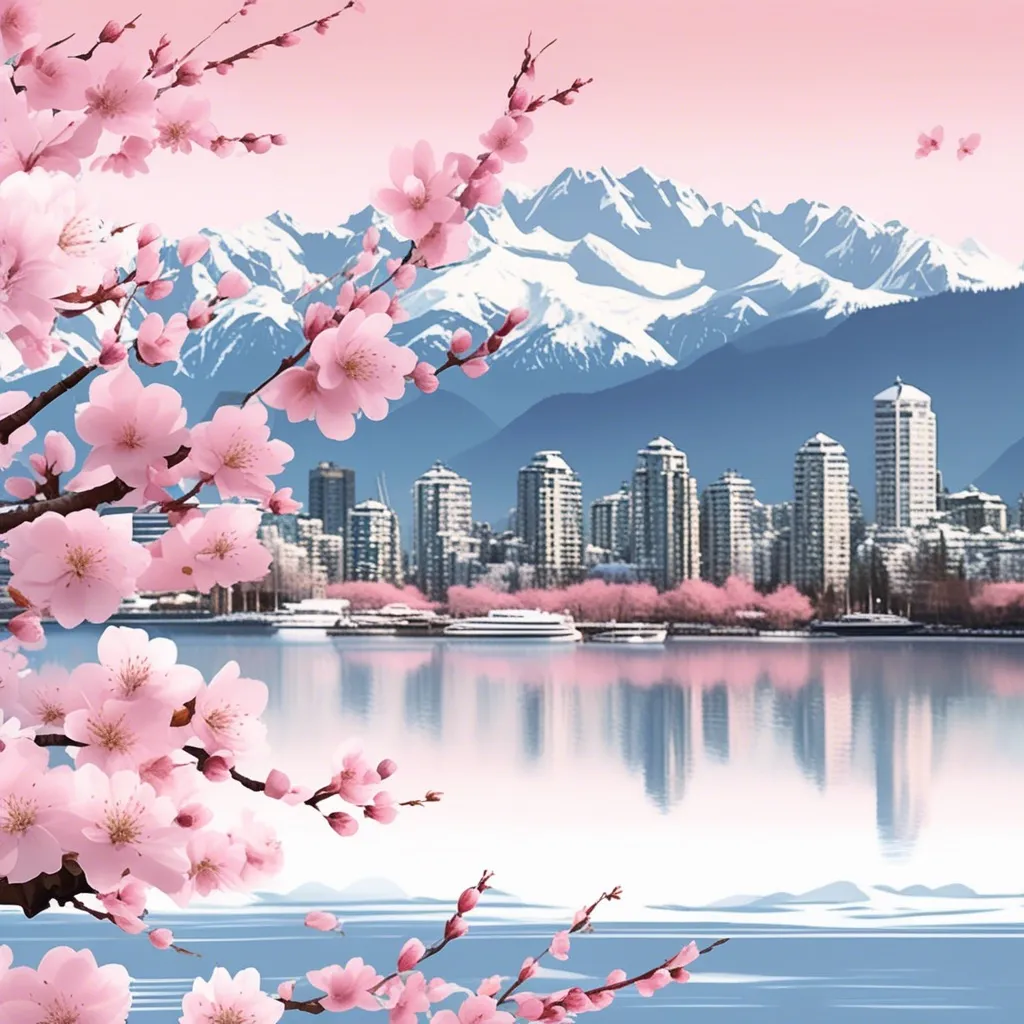 Cherry blossoms blooming in front of a city skyline