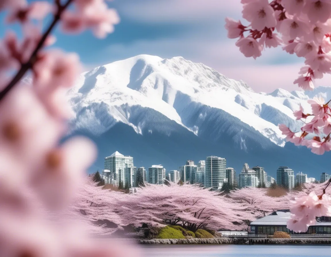 A picturesque view of Mount Baker towering over Vancouver, framed by blooming cherry blossoms.