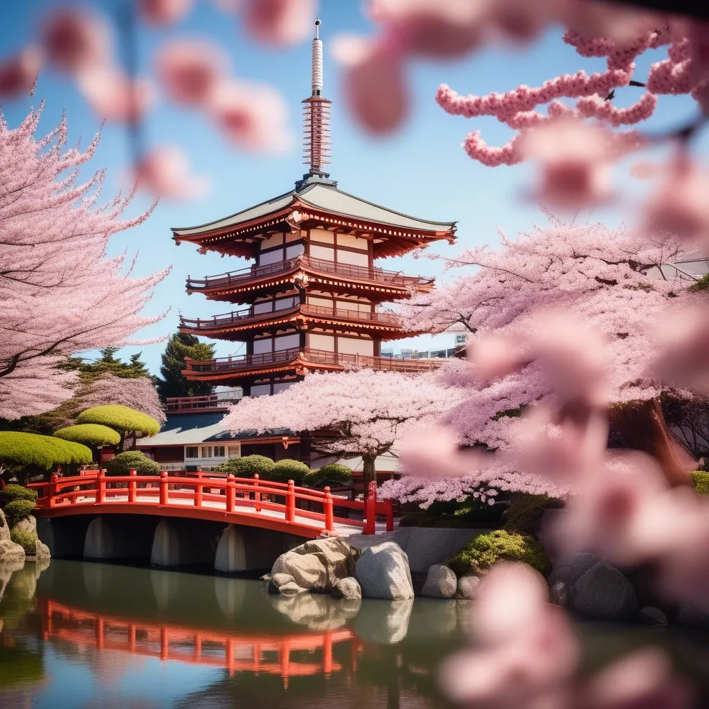 A traditional Japanese temple with cherry blossoms in full bloom