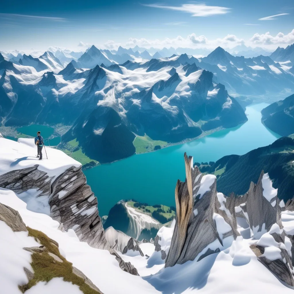 A serene mountain lake surrounded by snow-capped peaks