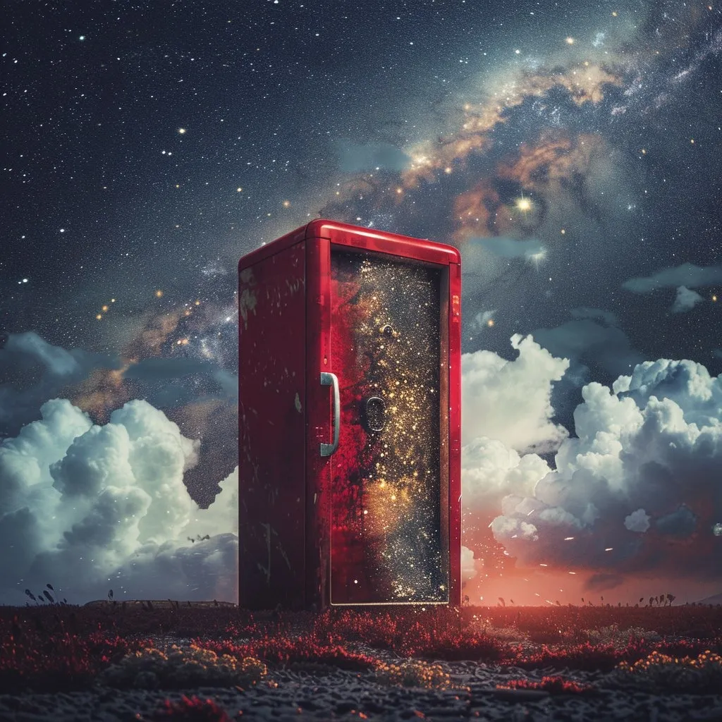 A red telephone booth standing on a desert planet with a cosmic background