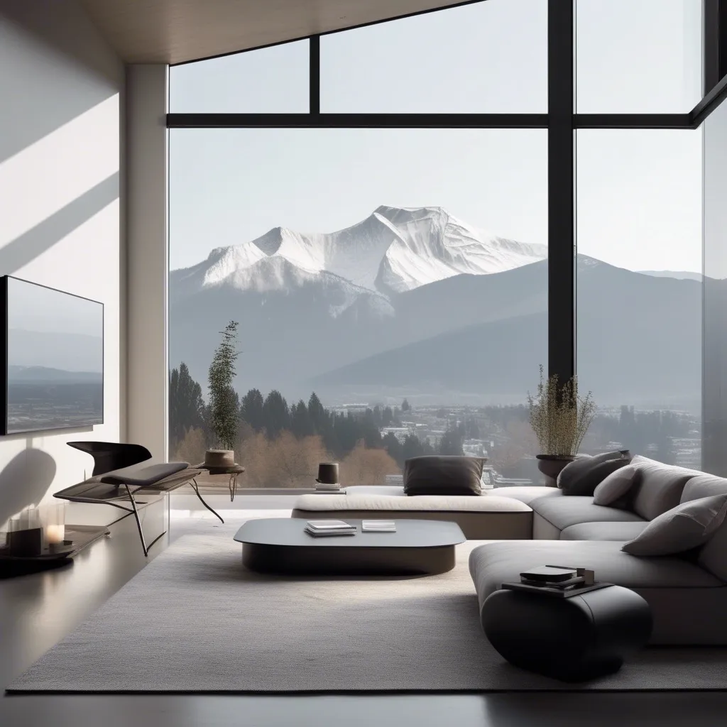 A modern living room with large windows overlooking a mountain range