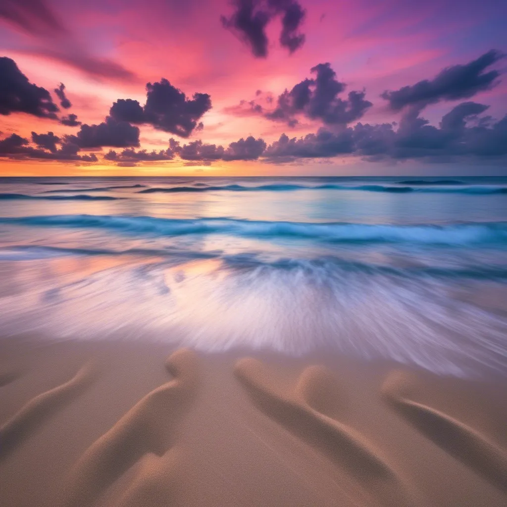 A beautiful sunset over a sandy beach with gentle waves