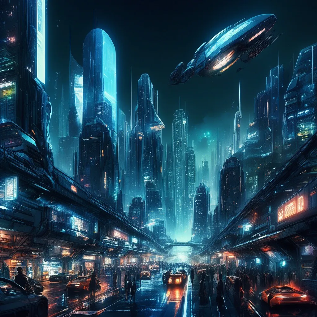 A futuristic cityscape with glowing skyscrapers and flying vehicles