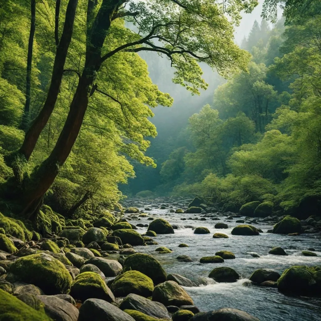 A serene forest stream flowing through a misty forest