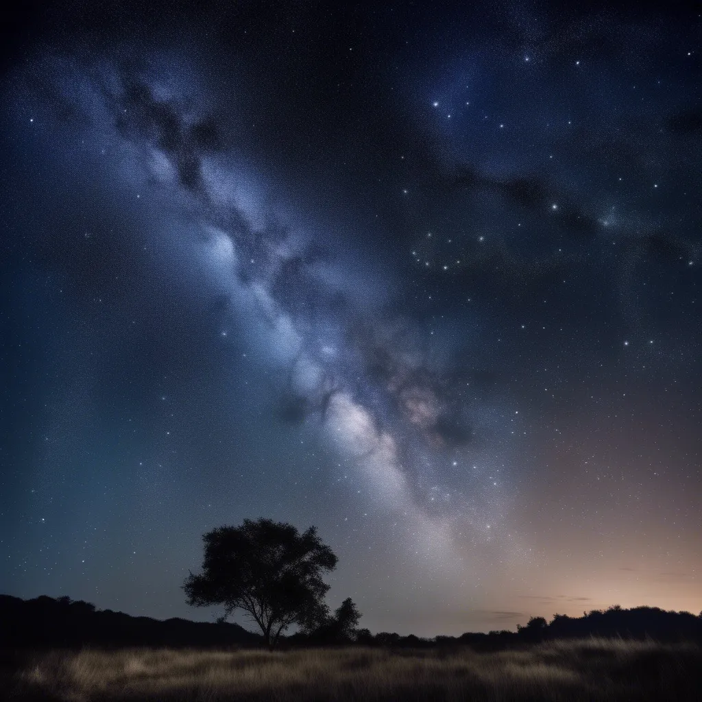 The Milky Way galaxy shining brightly over a lone tree