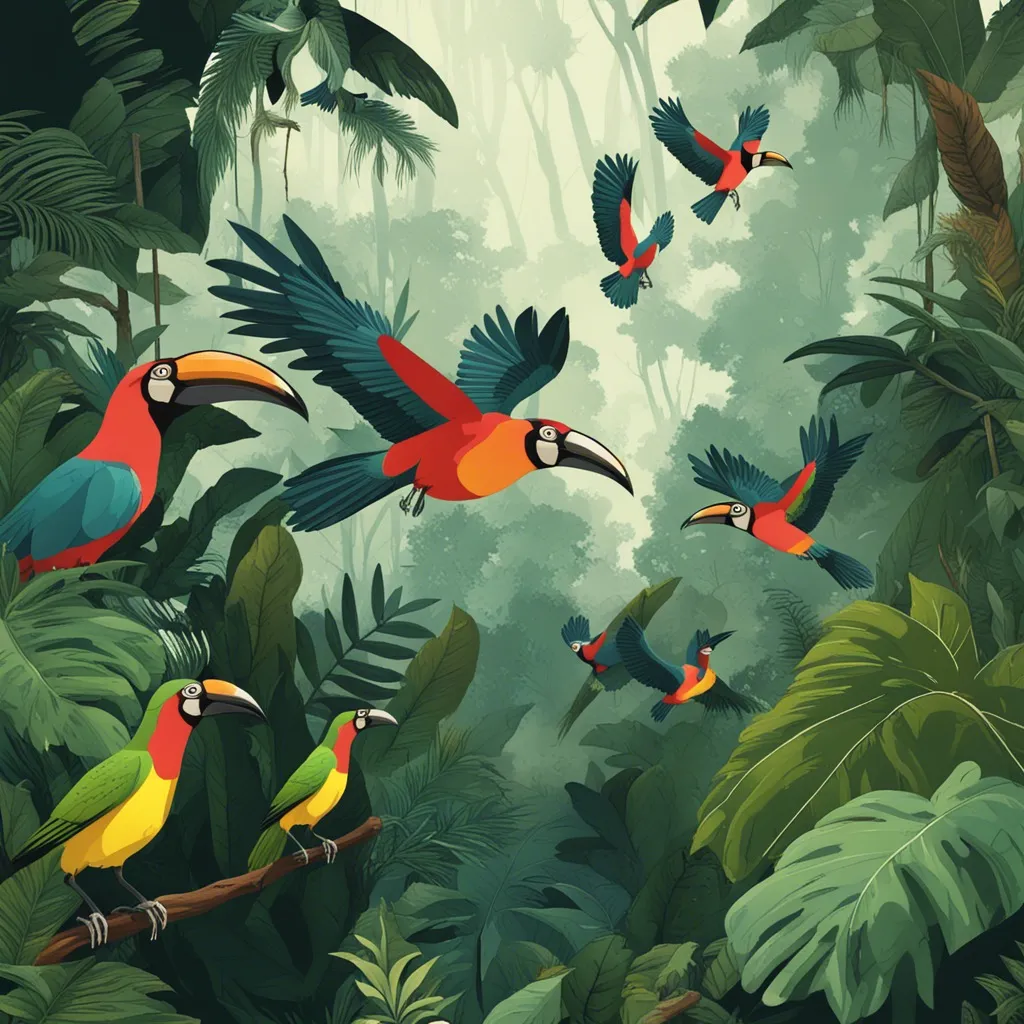 Colorful toucans flying through a vibrant rainforest