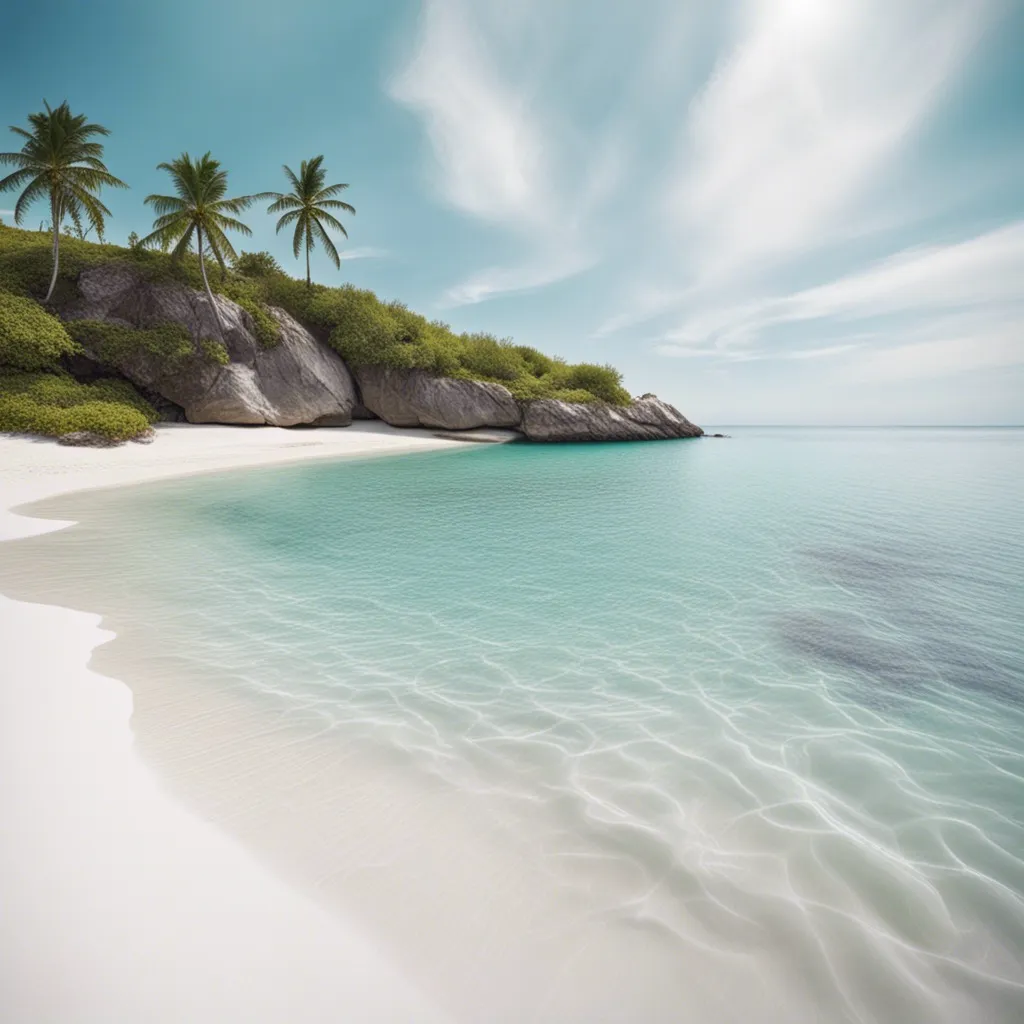 A pristine tropical beach with crystal-clear water and palm trees