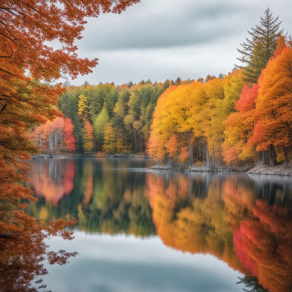 A colorful autumn forest reflected in a calm lake