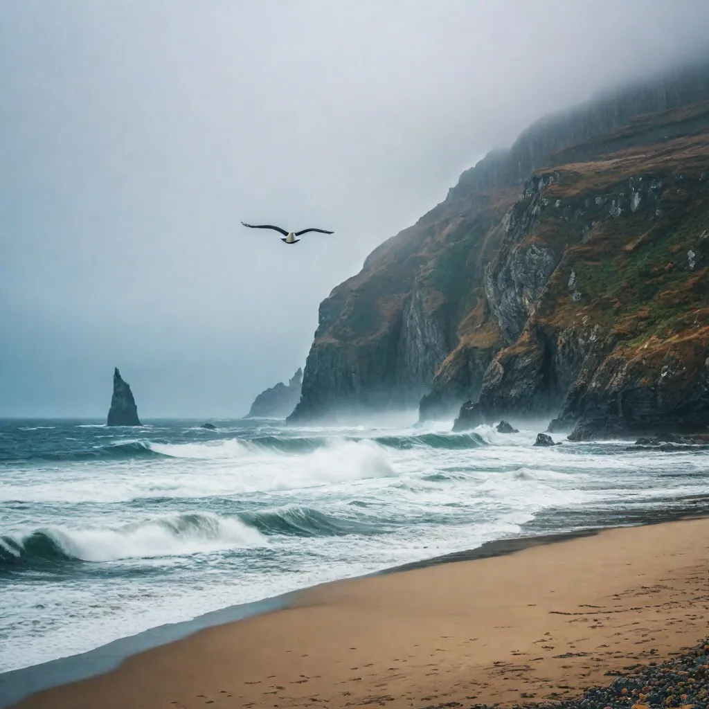 Dramatic coastal cliffs with crashing waves and a flying seabird