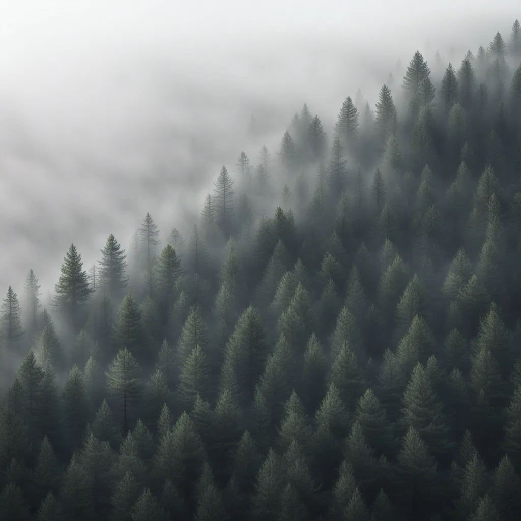 A misty forest with tall trees