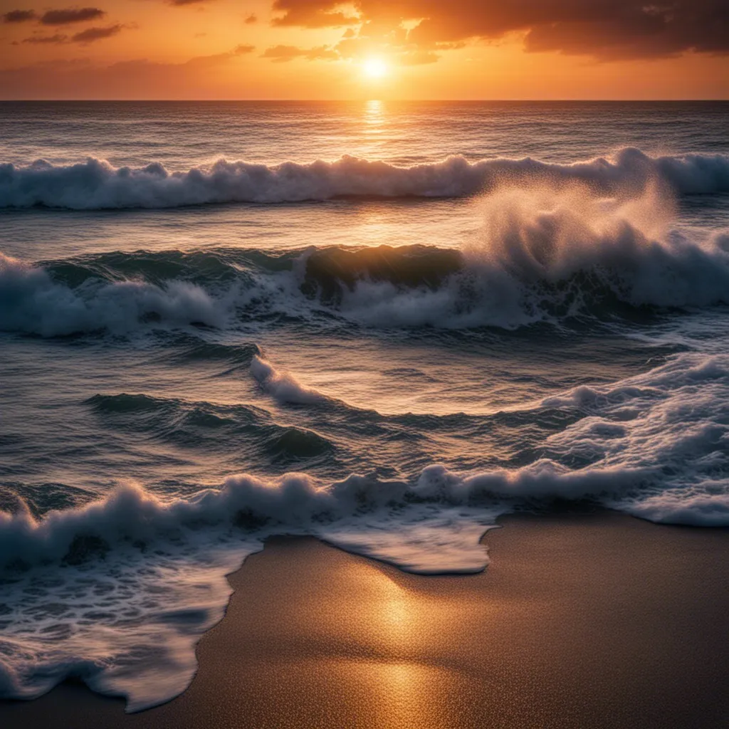 A beautiful sunset over a crashing ocean wave