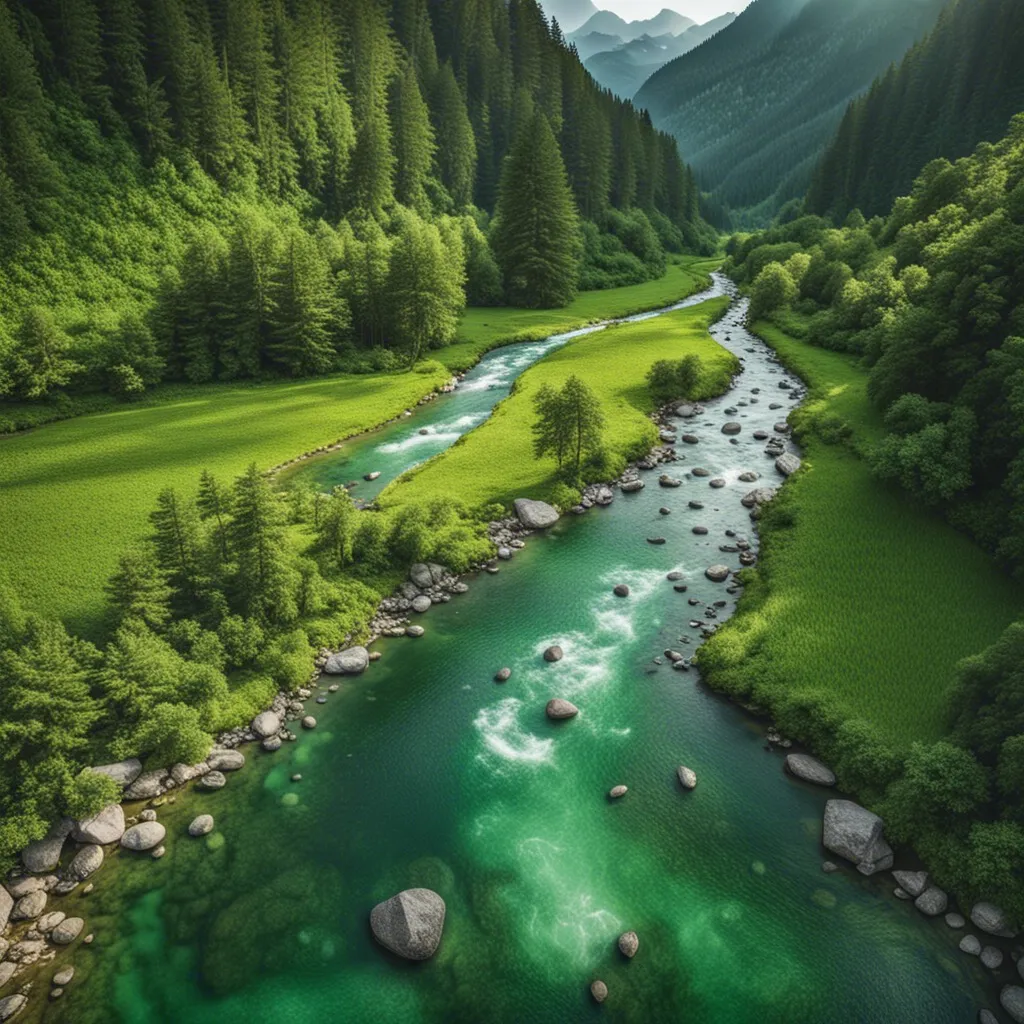 A winding river flowing through a lush green valley