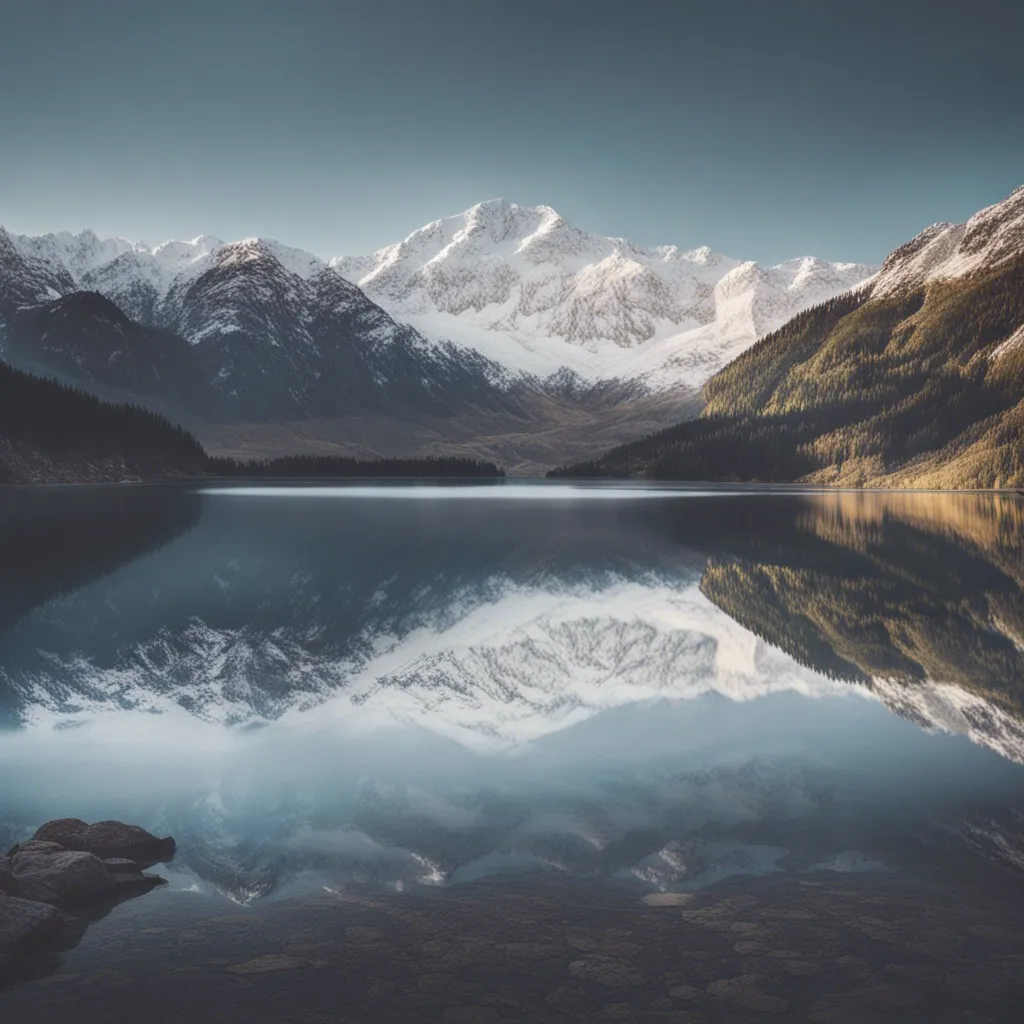 A serene mountain lake reflecting snow-capped peaks