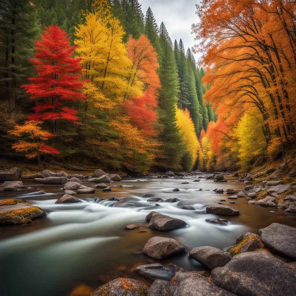 A colorful autumn forest with a flowing stream