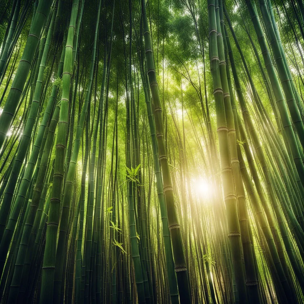 Sunbeams shining through a dense bamboo forest