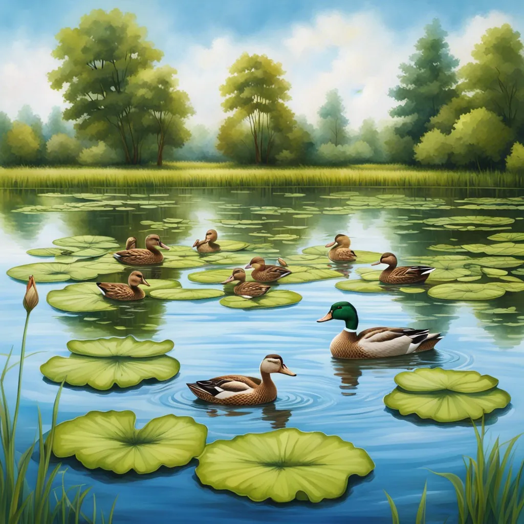 Ducks swimming on a peaceful pond surrounded by trees