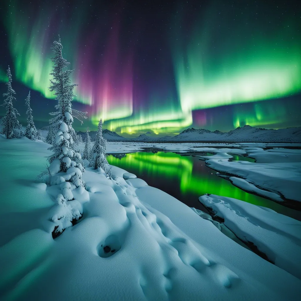 The Aurora Borealis illuminating the night sky over a snowy landscape