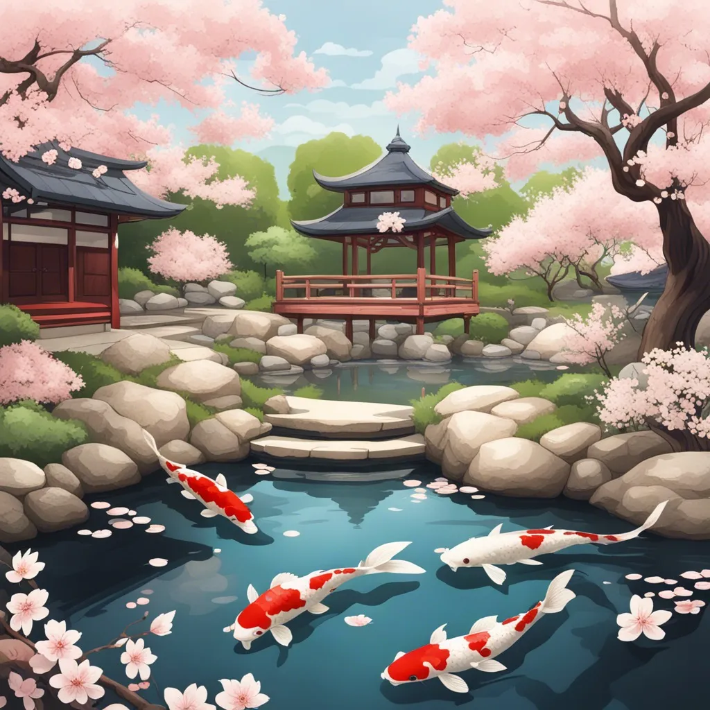 A serene Japanese garden with a koi pond and cherry blossom trees