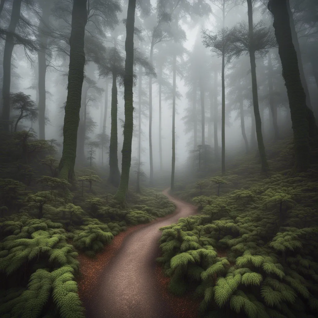 A winding path through a misty forest